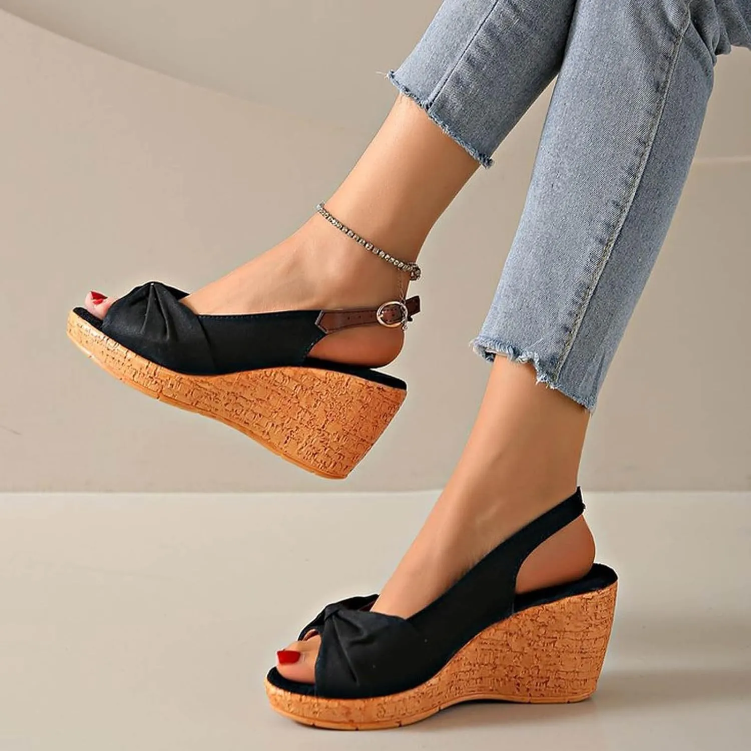 Women's Platform Wedge Sandals Comfortable Orthopedic Sandals Casual Elastic Ankle Strap Platform Sandals