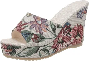 Womens Platform Wedge Sandals Open Toe Ankle Strap High Heeled Sandals Womens Casual Summer Stylish Floral Sandals