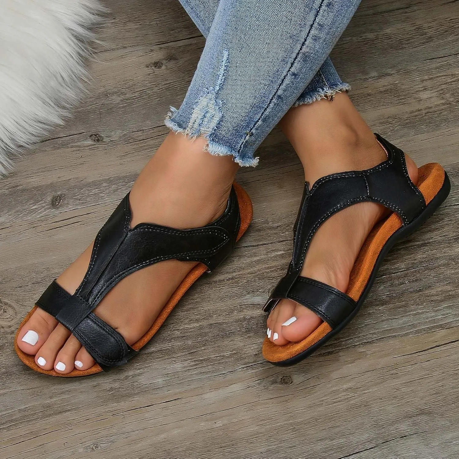 Womens Sandals Arch Support T-Strap Orthopedic Flat Adjustable Comfortable T-Strap Walking Sandals Beach Shoes