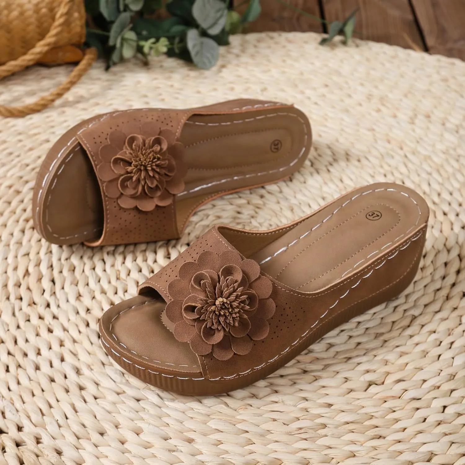 Womens Sandals Block Heel Fish Mouth Flowers Comfortable Hollow Out Open Toe Breathable Adjustable Strappy Shoes