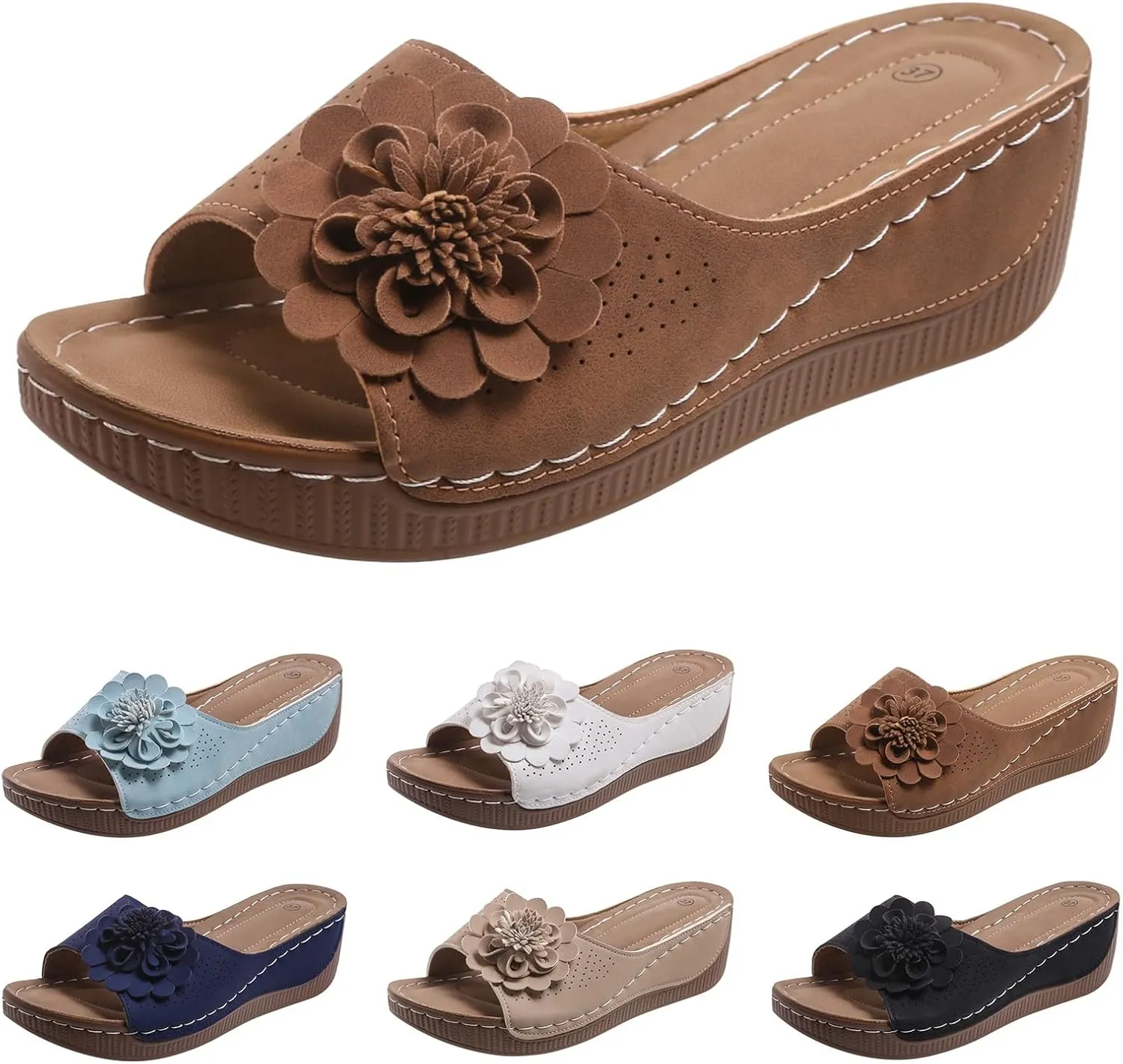 Womens Sandals Block Heel Fish Mouth Flowers Comfortable Hollow Out Open Toe Breathable Adjustable Strappy Shoes