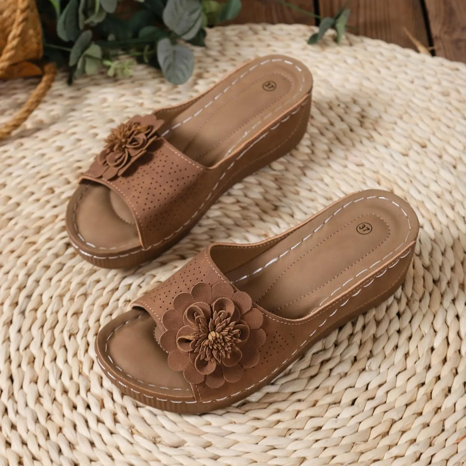 Womens Sandals Block Heel Fish Mouth Flowers Comfortable Hollow Out Open Toe Breathable Adjustable Strappy Shoes