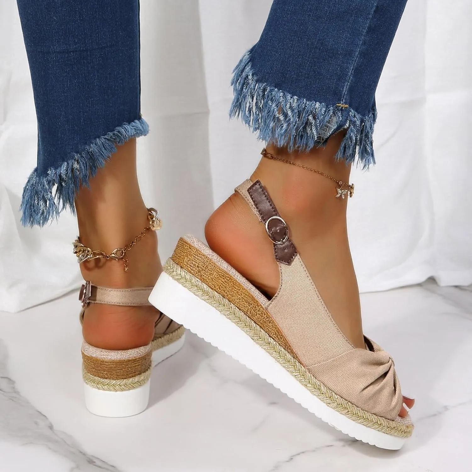 Womens Sandals Dressy Cute Bow Espadrille Sandals For Women Open Toe Ankle Buckle Wedge Low Heeled Womens Heels