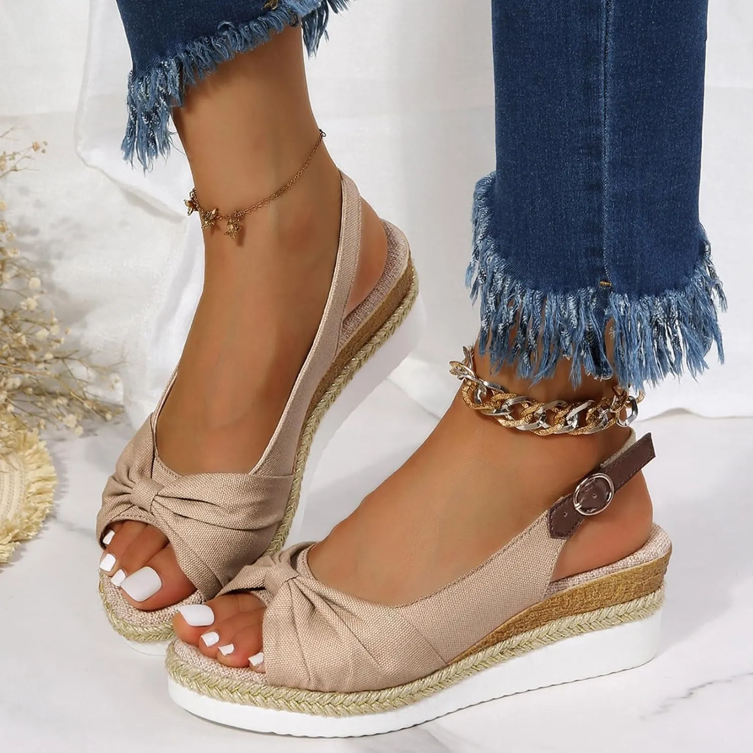 Womens Sandals Dressy Cute Bow Espadrille Sandals For Women Open Toe Ankle Buckle Wedge Low Heeled Womens Heels