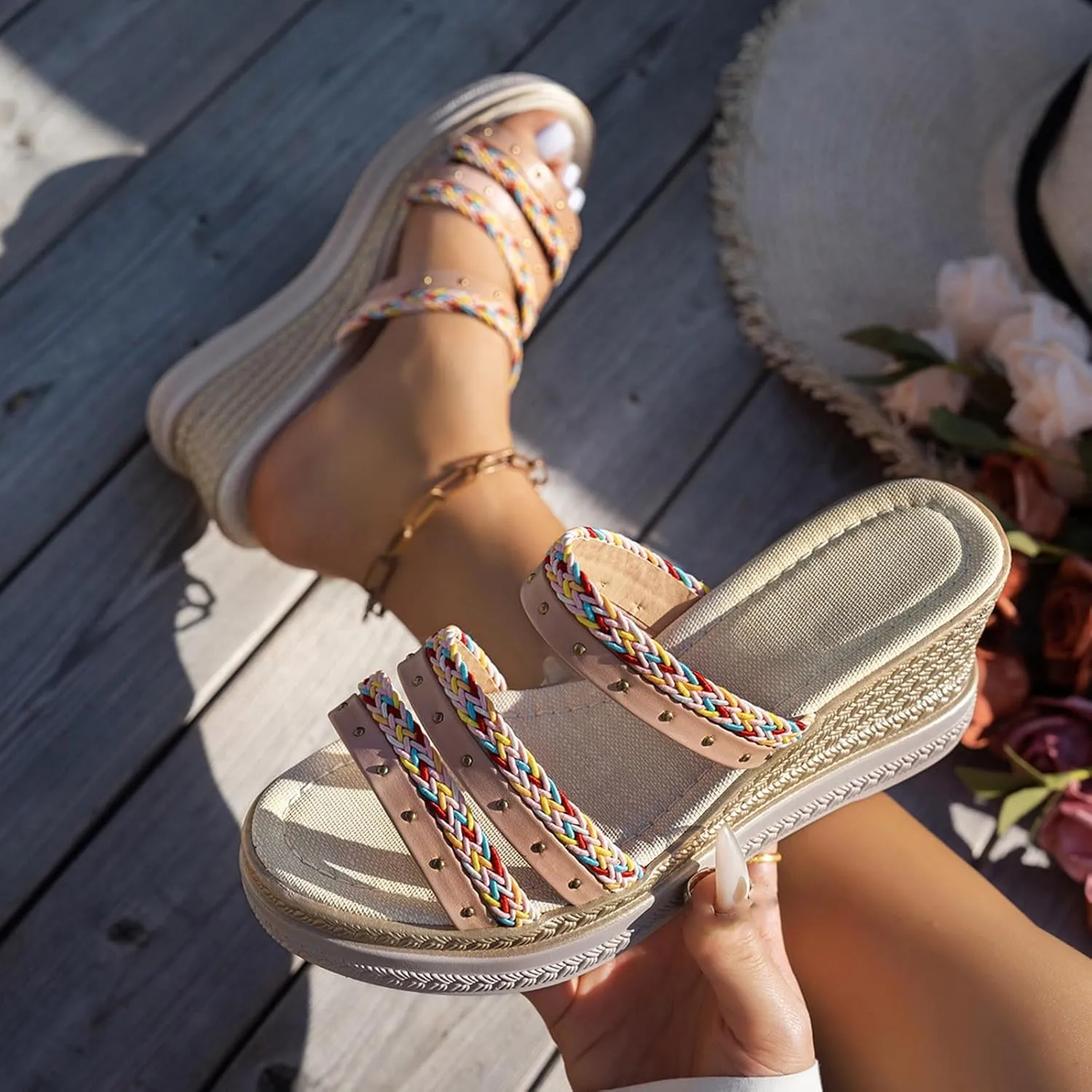 Womens Sandals Dressy Platform Sandals Vintage Braid Casual High Heels Open Toe Slip On Espadrille Wedges Shoes 2025