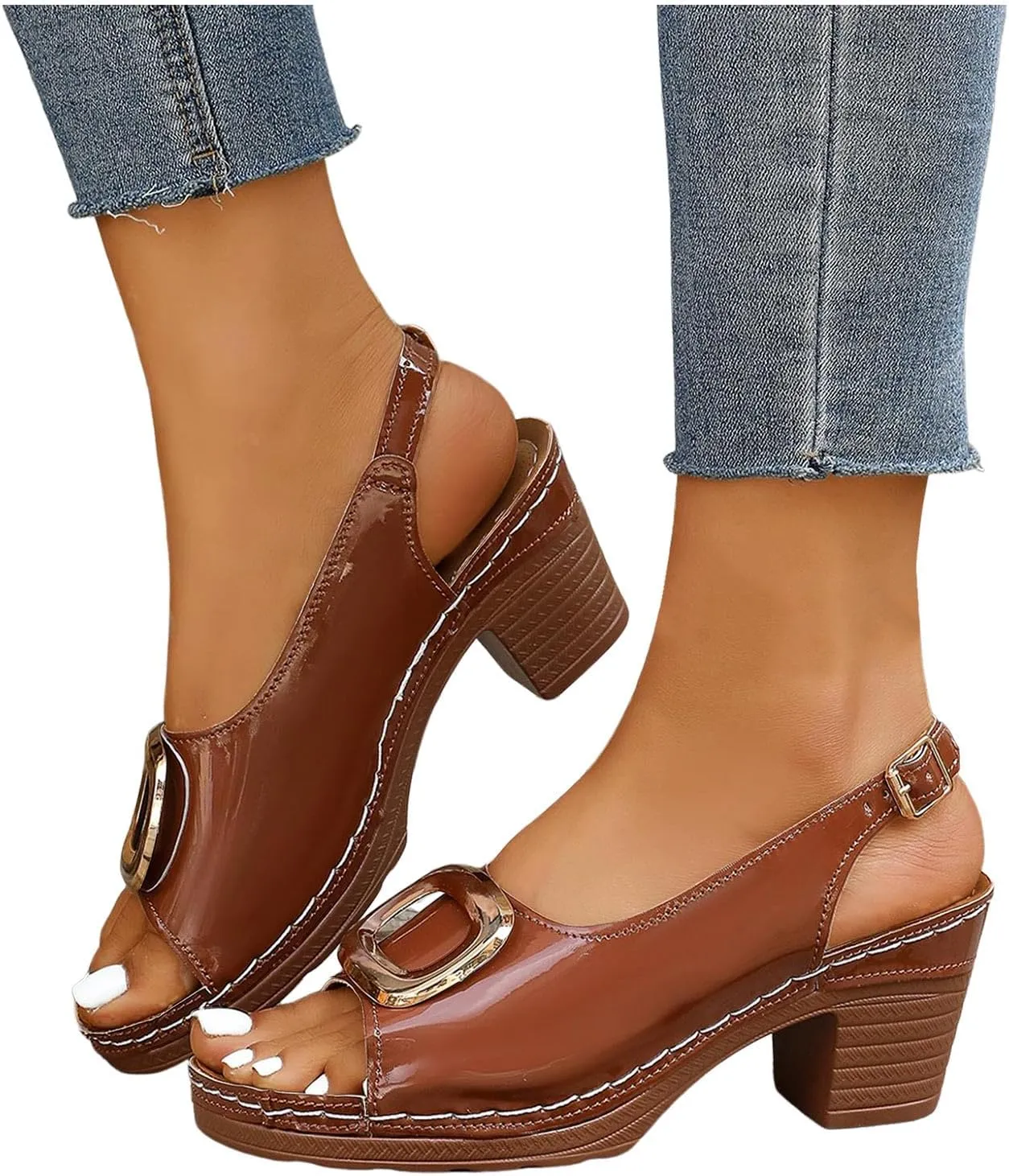 Womens Sandals Dressy, Womens Chunky Block Heels Open Toe Sandals 2025 Summer Casual Sandal with Adjustable Ankle Strap