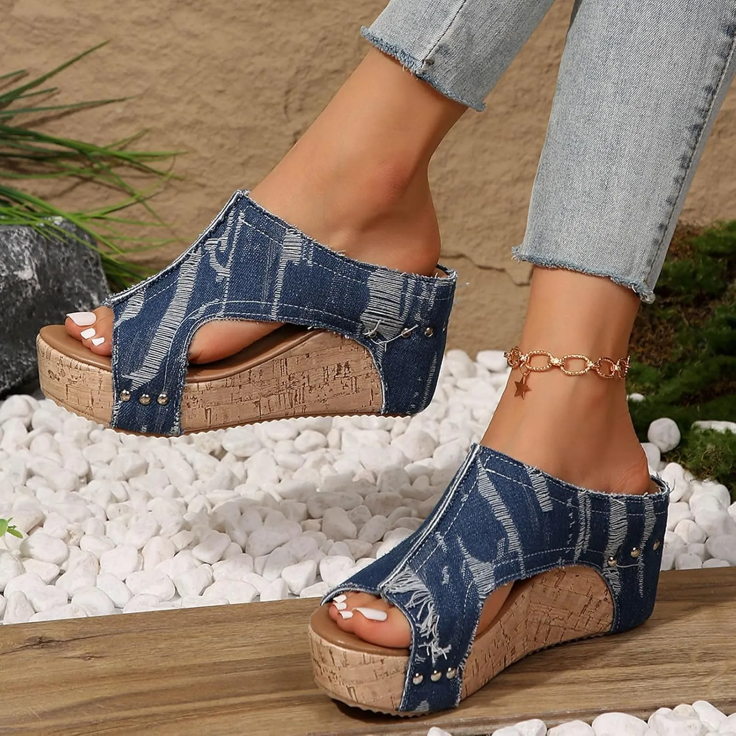 Womens Sandals Womens Platform Wedge Sandals Open Toe Slip On Slides Cork Heeled Cutout Comfortable Summer Shoes