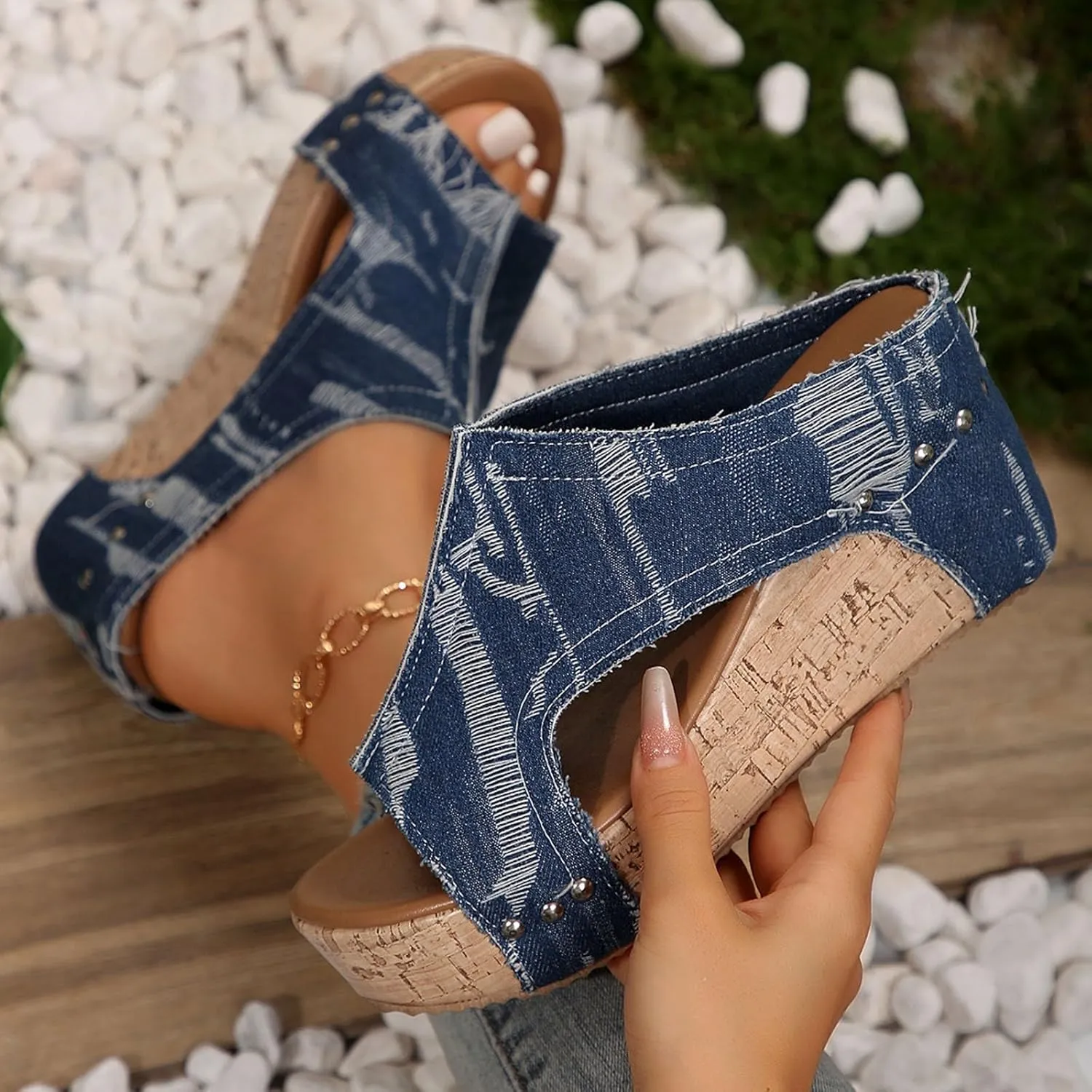 Womens Sandals Womens Platform Wedge Sandals Open Toe Slip On Slides Cork Heeled Cutout Comfortable Summer Shoes