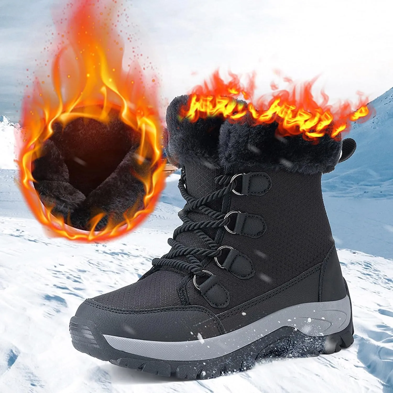Womens Snow Boots Lace-up Warm Fleece Lined Winter Boots for Women Anti Slip Ankle Boots Mid Calf Boots Water-proof Outdoor Boots Comfortable Walking Shoes for Women Ladies Girls