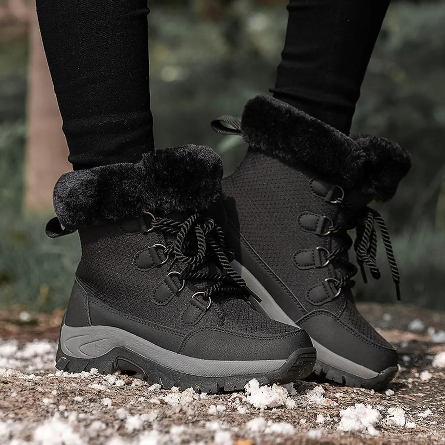 Womens Snow Boots Lace-up Warm Fleece Lined Winter Boots for Women Anti Slip Ankle Boots Mid Calf Boots Water-proof Outdoor Boots Comfortable Walking Shoes for Women Ladies Girls