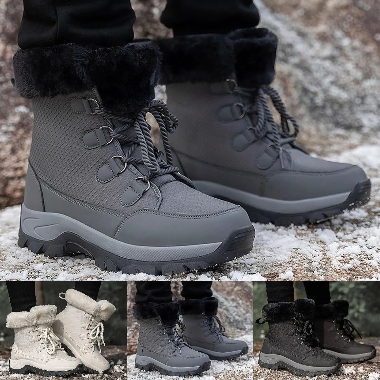 Womens Snow Boots Lace-up Warm Fleece Lined Winter Boots for Women Anti Slip Ankle Boots Mid Calf Boots Water-proof Outdoor Boots Comfortable Walking Shoes for Women Ladies Girls