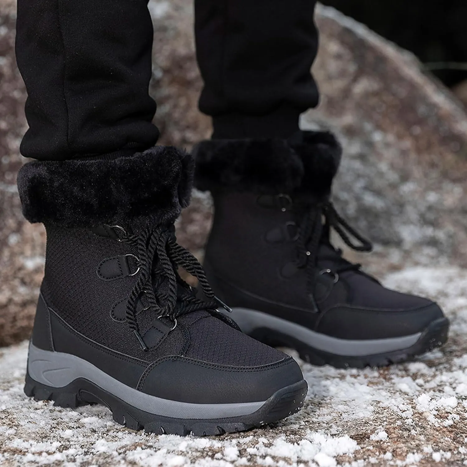 Womens Snow Boots Lace-up Warm Fleece Lined Winter Boots for Women Anti Slip Ankle Boots Mid Calf Boots Water-proof Outdoor Boots Comfortable Walking Shoes for Women Ladies Girls