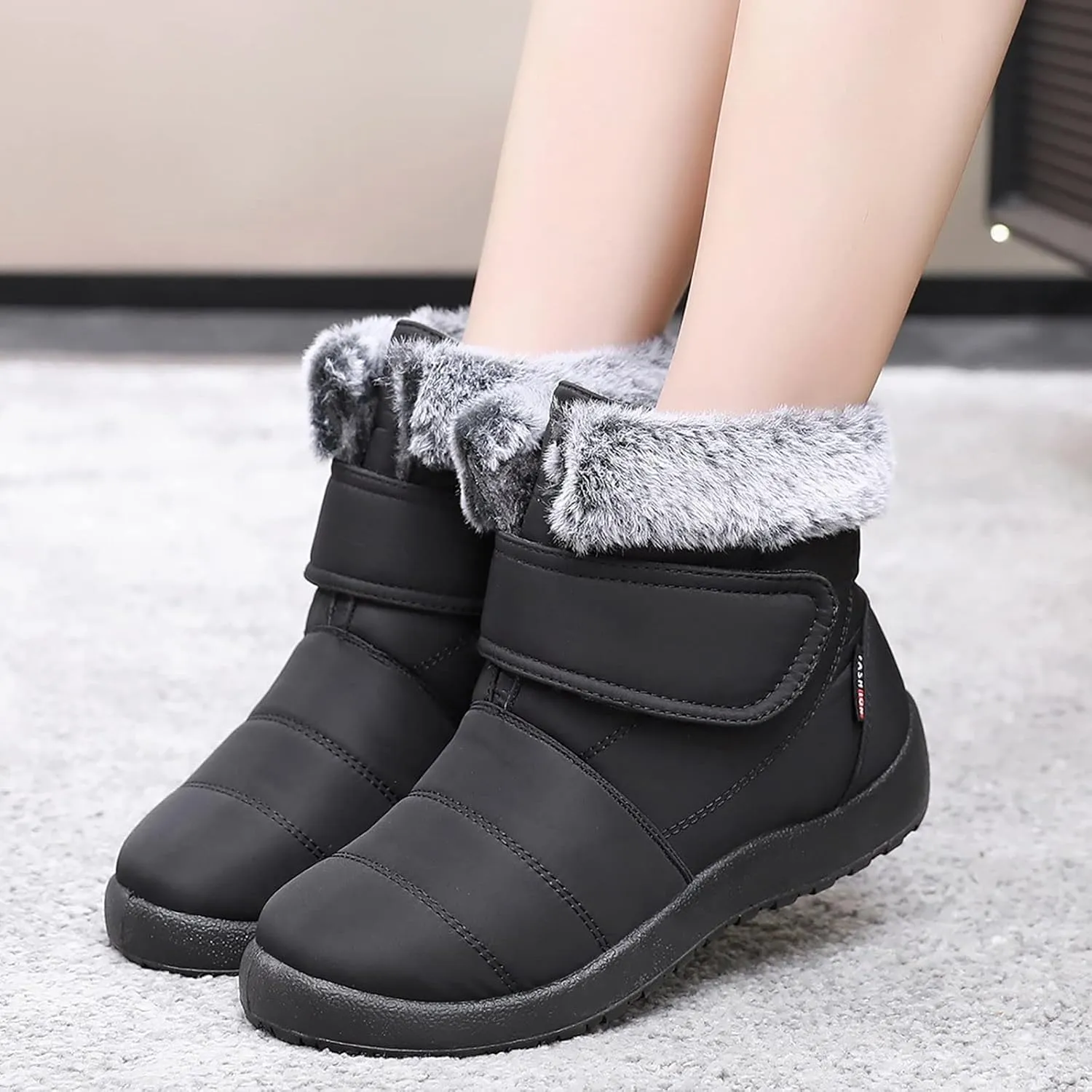 Womens Snow Boots Warm Fleece Lined Winter Boots Comfortable Slip On Outdoor Shoes for Women Round Toe Hook Loop Flat Boots Water-proof Booties Anti-Slip Walking Shoes Mid-Calf Boots