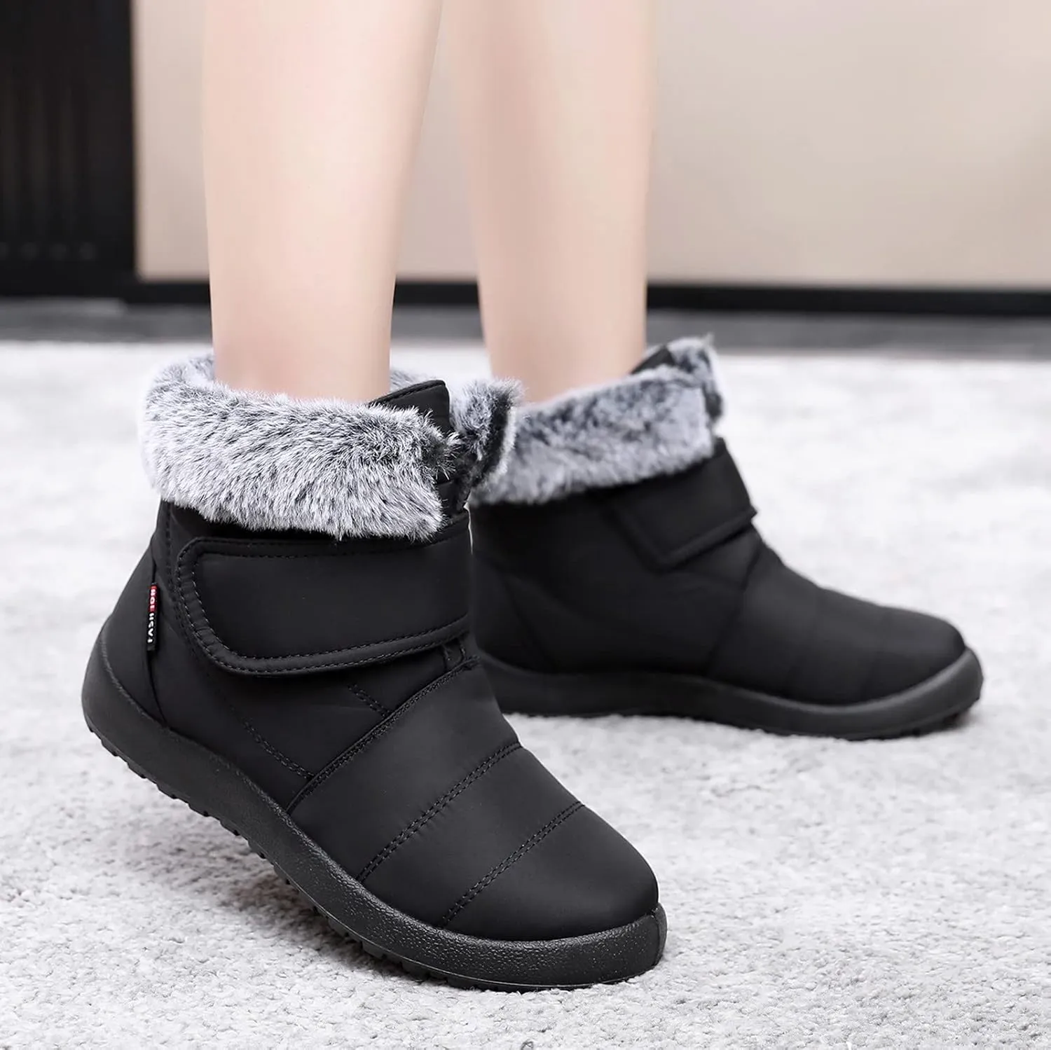Womens Snow Boots Warm Fleece Lined Winter Boots Comfortable Slip On Outdoor Shoes for Women Round Toe Hook Loop Flat Boots Water-proof Booties Anti-Slip Walking Shoes Mid-Calf Boots