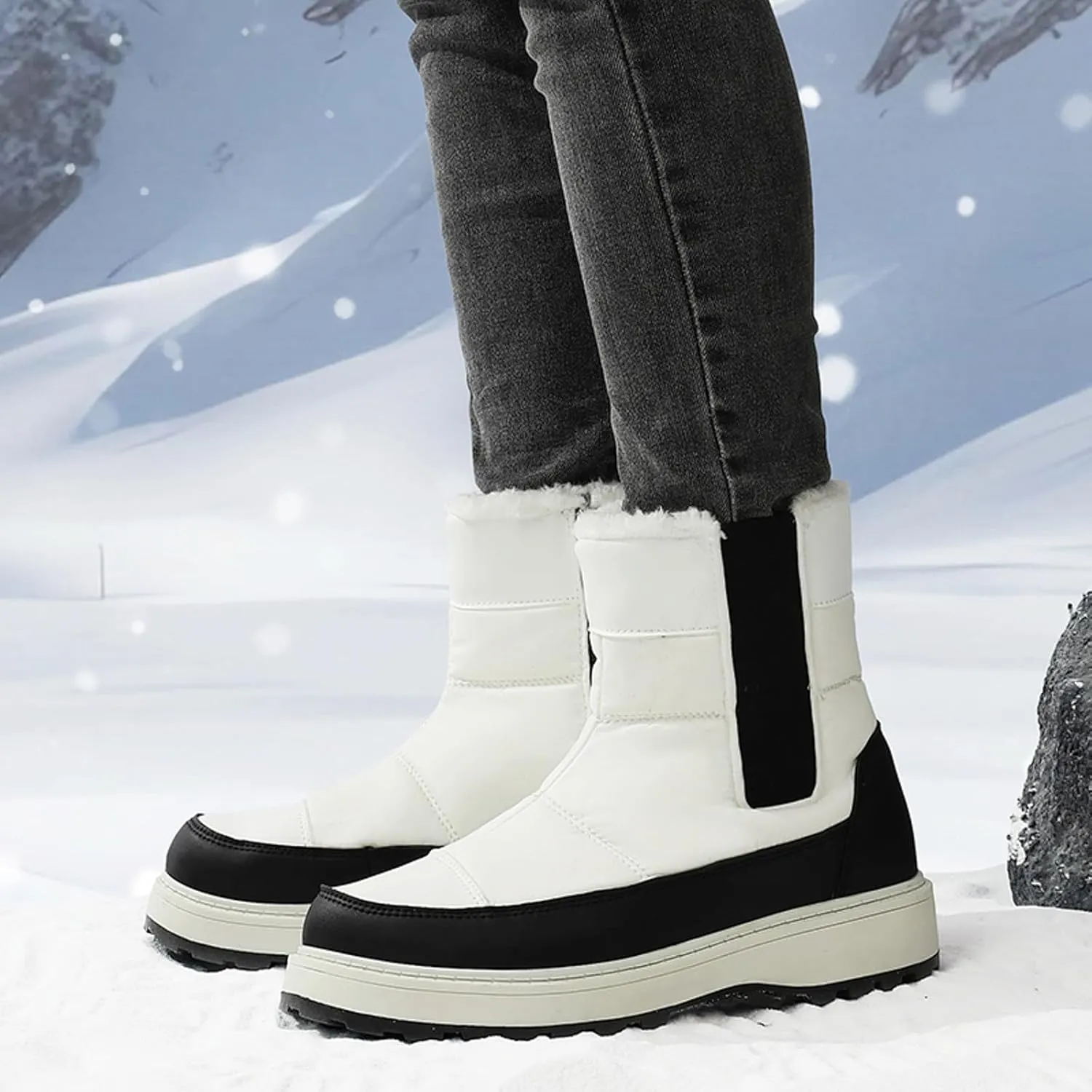 Womens Snow Boots Winter Boots for Women Warm Fleece Lined Furry Mid Calf Boots Ladies Platform Boots Water-proof Non-Slip Outdoor Shoes Comfortable Walking Hiking Shoes for Women