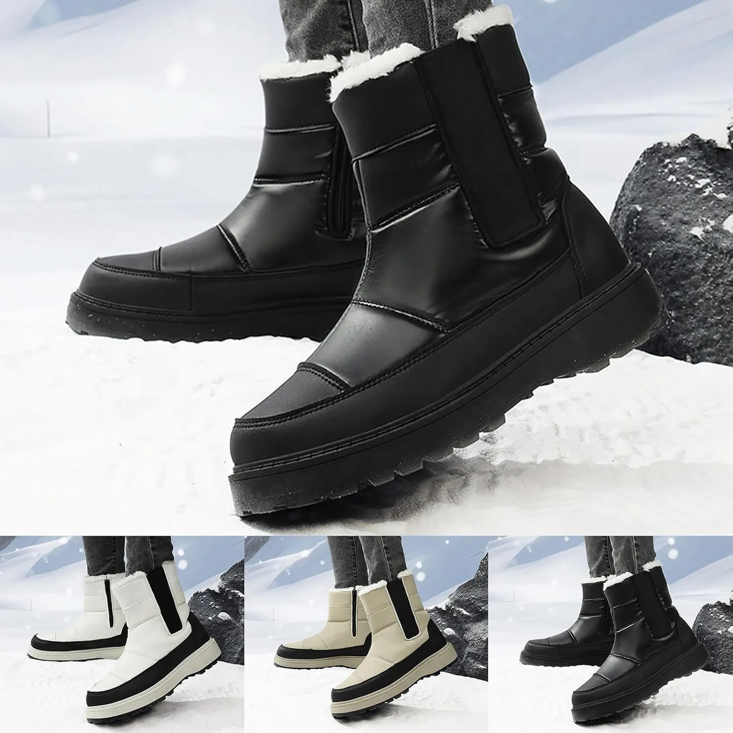 Womens Snow Boots Winter Boots for Women Warm Fleece Lined Furry Mid Calf Boots Ladies Platform Boots Water-proof Non-Slip Outdoor Shoes Comfortable Walking Hiking Shoes for Women