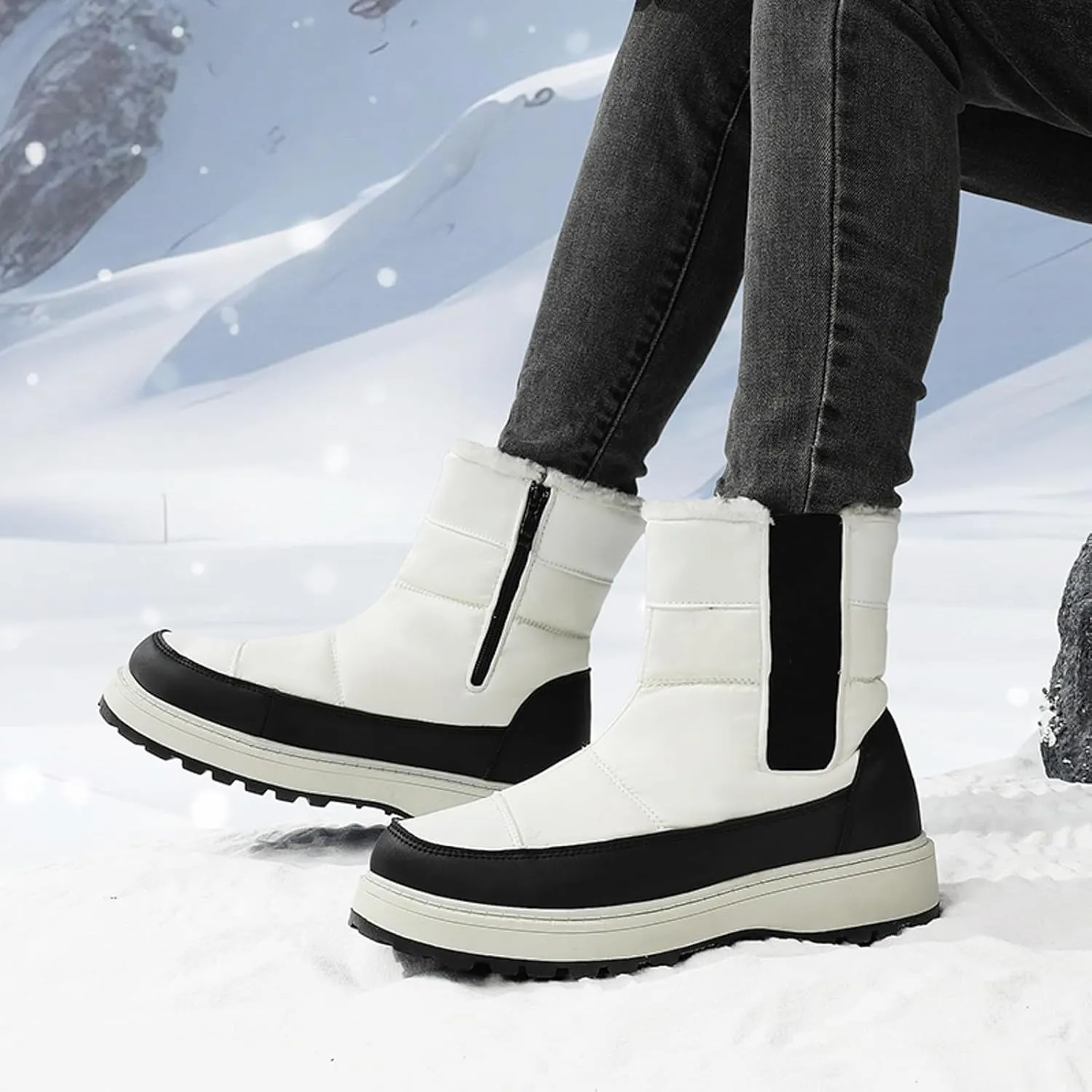 Womens Snow Boots Winter Boots for Women Warm Fleece Lined Furry Mid Calf Boots Ladies Platform Boots Water-proof Non-Slip Outdoor Shoes Comfortable Walking Hiking Shoes for Women