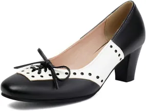 Womens Square Toe Chunky high Heels Perforated Pull on Ladies Comfort Brogue Oxford Saddle Shoes