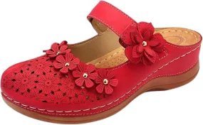 Womens Summer Slipper:2025 Leather Casual Comfort Mules Outdoor Beach Sandals with Arch Support Vintage Slip Wedge Flowers Sandals 2025