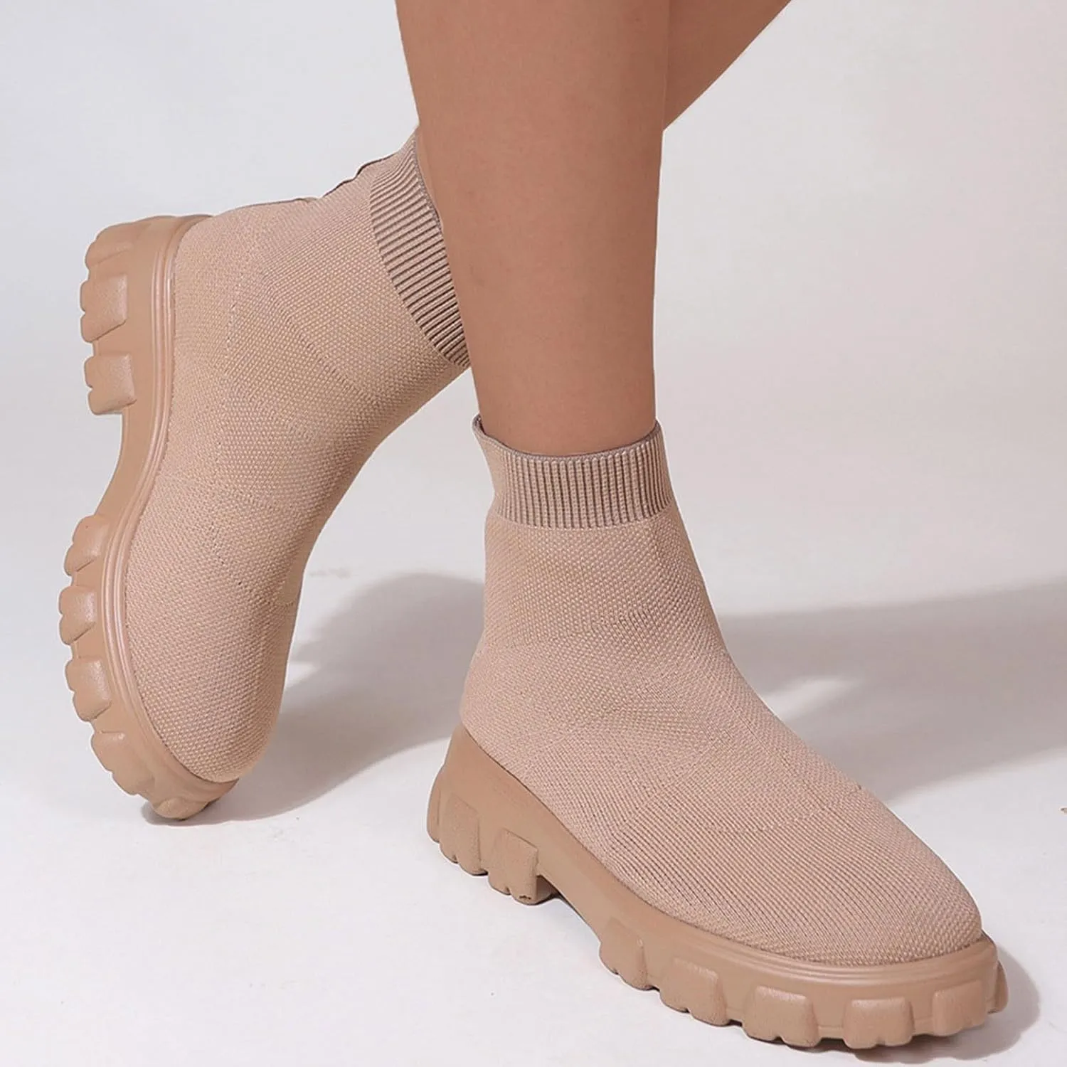 Women's Thick Bottom Boots Ankle Boots Thick Soles Round Toe Non Slip Solid Color Fly Woven Mesh Knit Flat