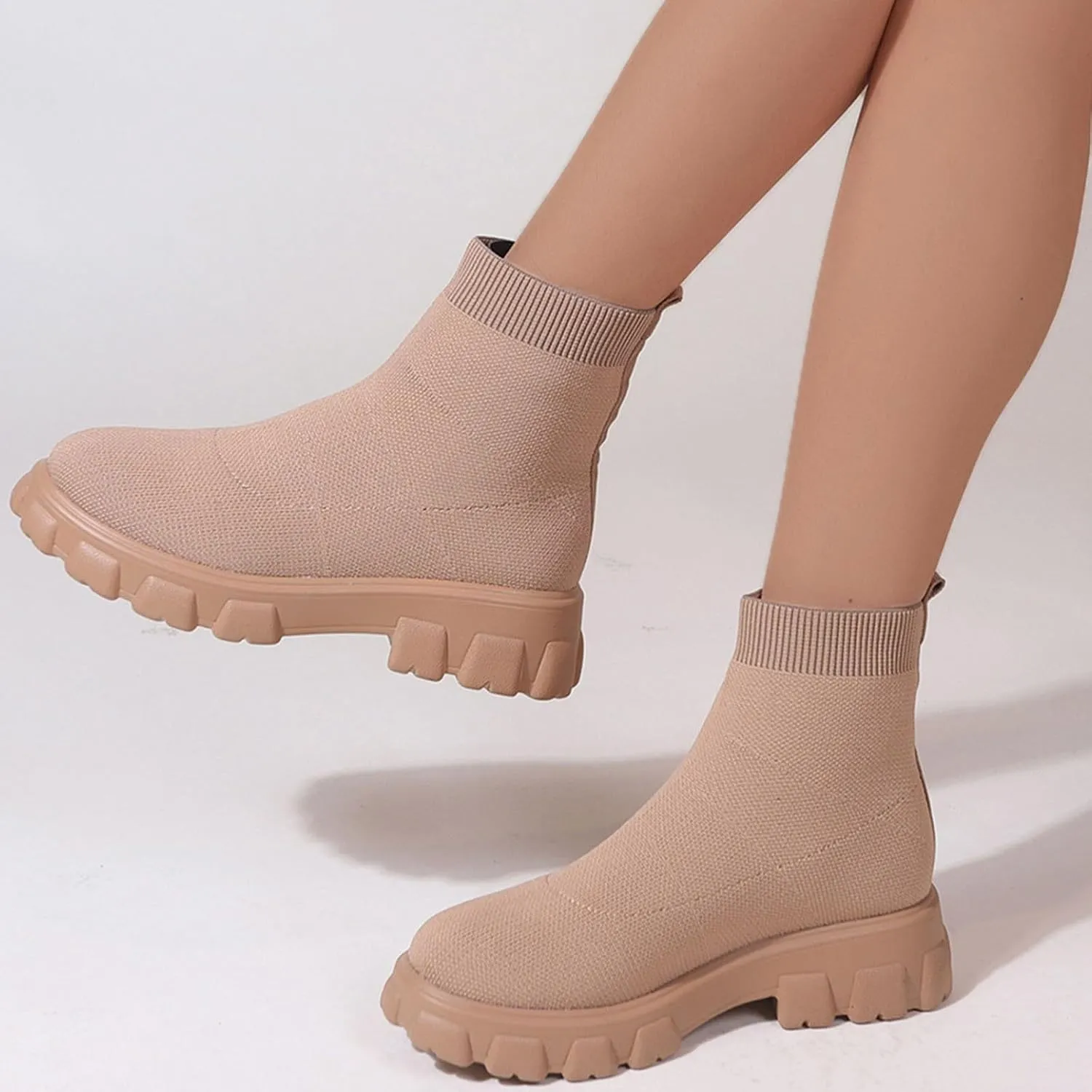 Women's Thick Bottom Boots Ankle Boots Thick Soles Round Toe Non Slip Solid Color Fly Woven Mesh Knit Flat
