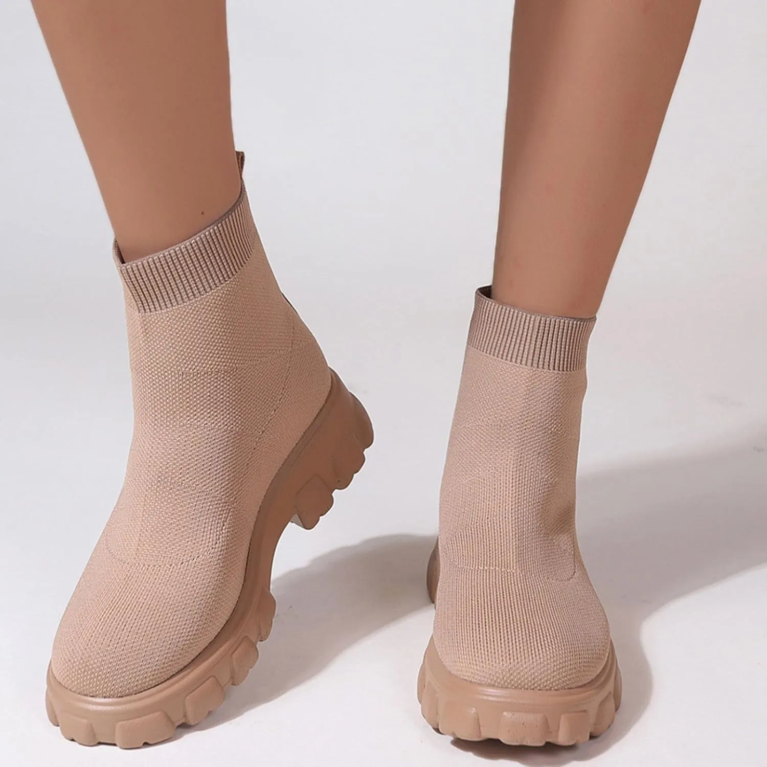 Women's Thick Bottom Boots Ankle Boots Thick Soles Round Toe Non Slip Solid Color Fly Woven Mesh Knit Flat