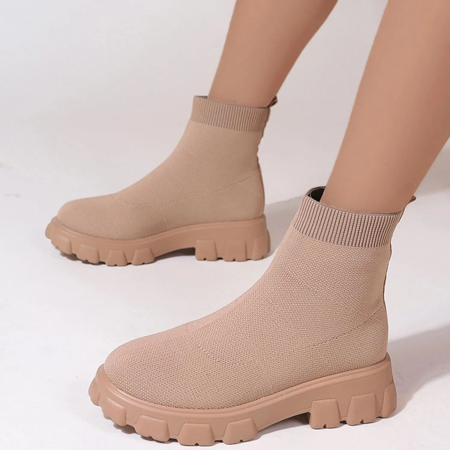 Women's Thick Bottom Boots Ankle Boots Thick Soles Round Toe Non Slip Solid Color Fly Woven Mesh Knit Flat