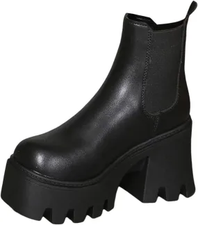 Women's Walking Boots Solid Leather Face Thick High Heel Thick Sole Short Boots Lug Sole Women Western Boots Wide Calf