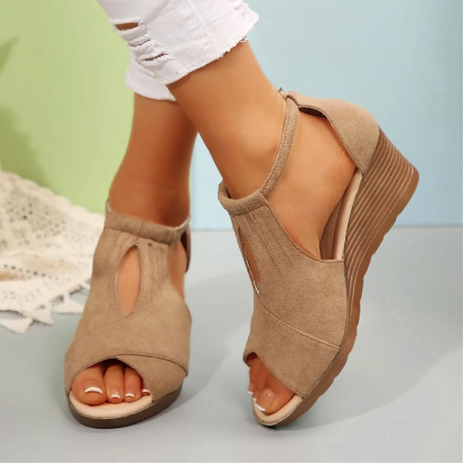 Womens Wedge Sandal Wide Width Open Toe Buckle Ankle Strap Espadrilles Flatform Wedge Casual Sandal Beach Vacation Shoes