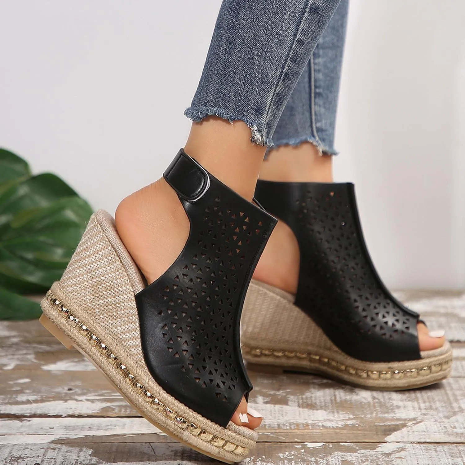 Womens Wedge Sandals Elastic Ankle Strap Open Toe Flower Shoes Womens Comfort Lightweight Platform Sandals