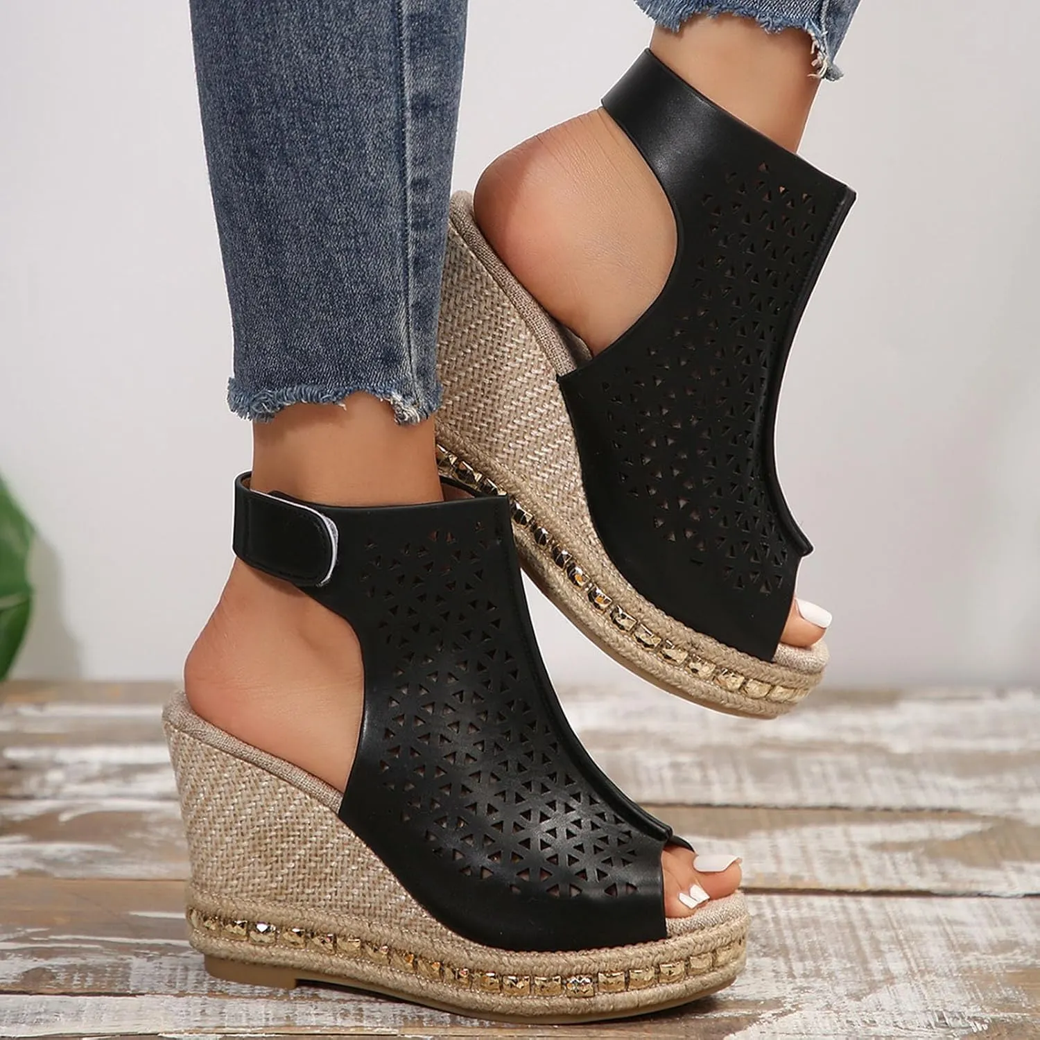 Womens Wedge Sandals Elastic Ankle Strap Open Toe Flower Shoes Womens Comfort Lightweight Platform Sandals