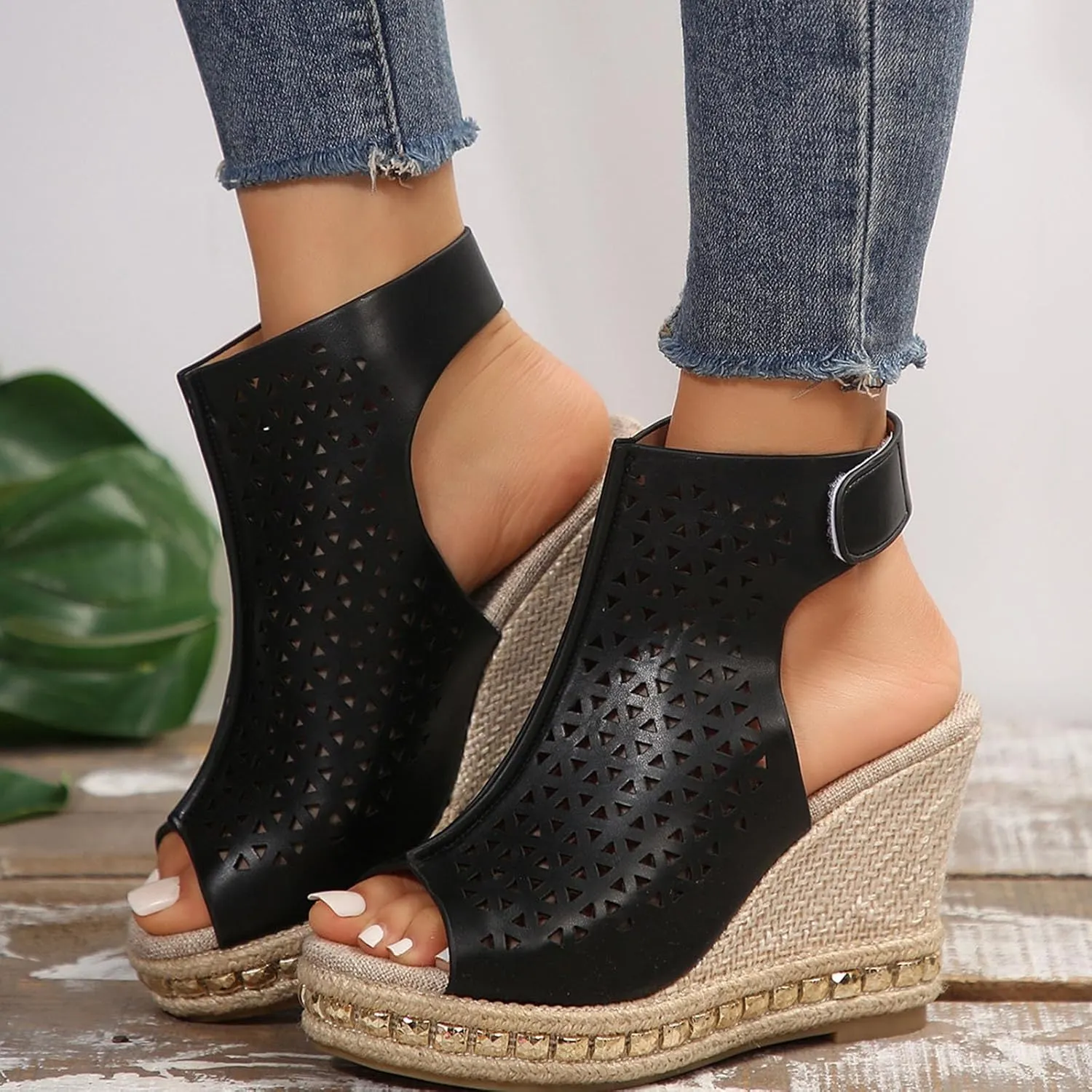 Womens Wedge Sandals Elastic Ankle Strap Open Toe Flower Shoes Womens Comfort Lightweight Platform Sandals