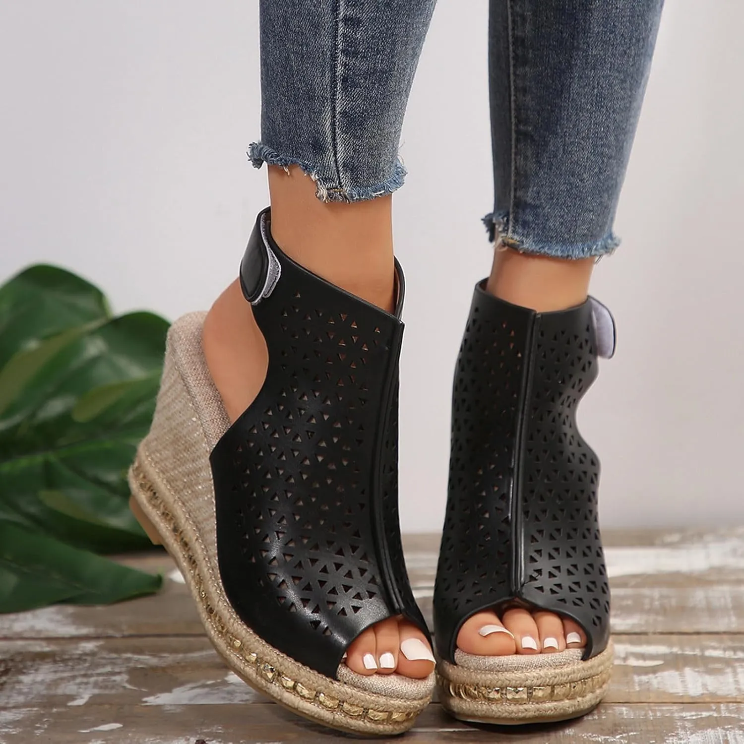 Womens Wedge Sandals Elastic Ankle Strap Open Toe Flower Shoes Womens Comfort Lightweight Platform Sandals