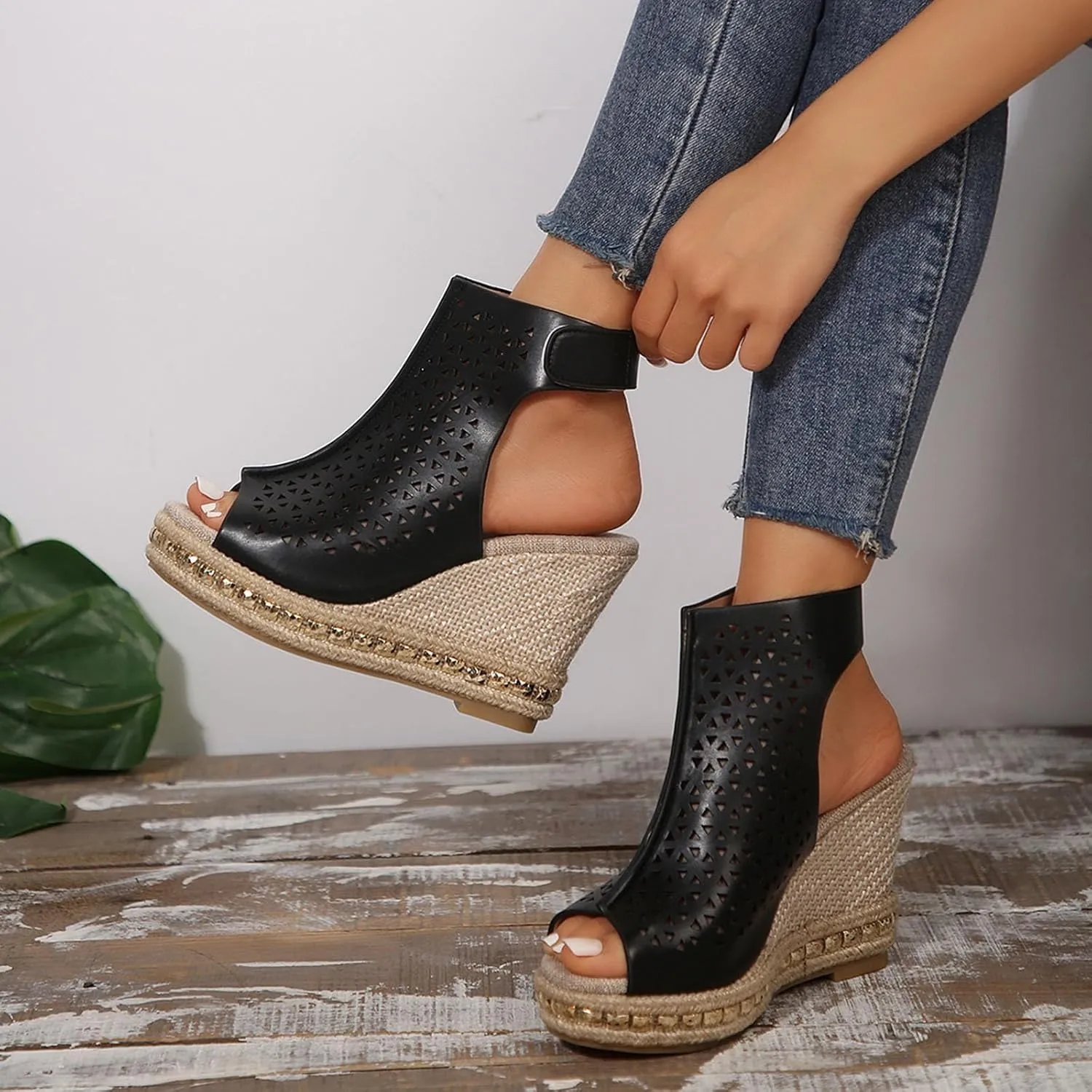 Womens Wedge Sandals Elastic Ankle Strap Open Toe Flower Shoes Womens Comfort Lightweight Platform Sandals