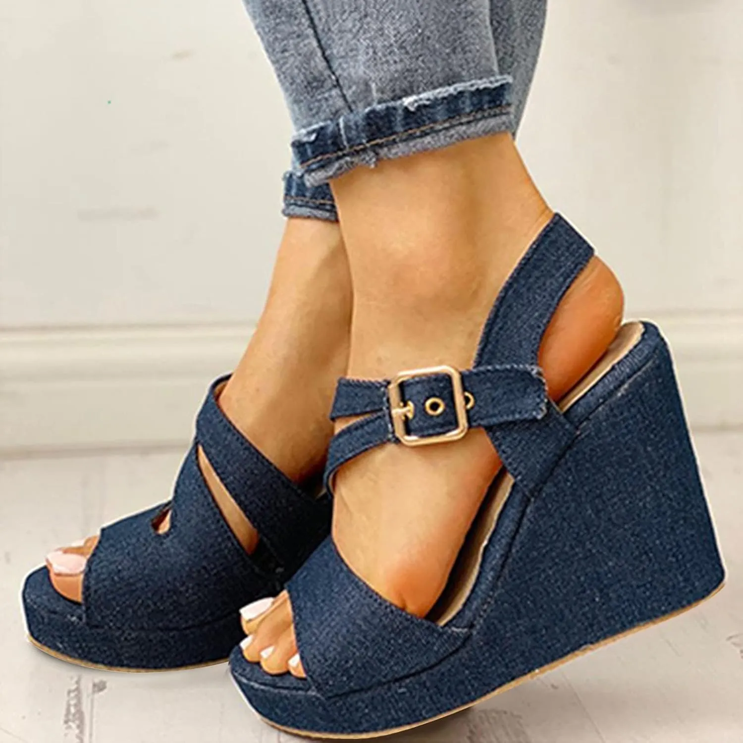 Womens Wedge Sandals Solid Breathable Strap Shoes Toe Casual Wedges Color Sandals Open Women Women's Wedges