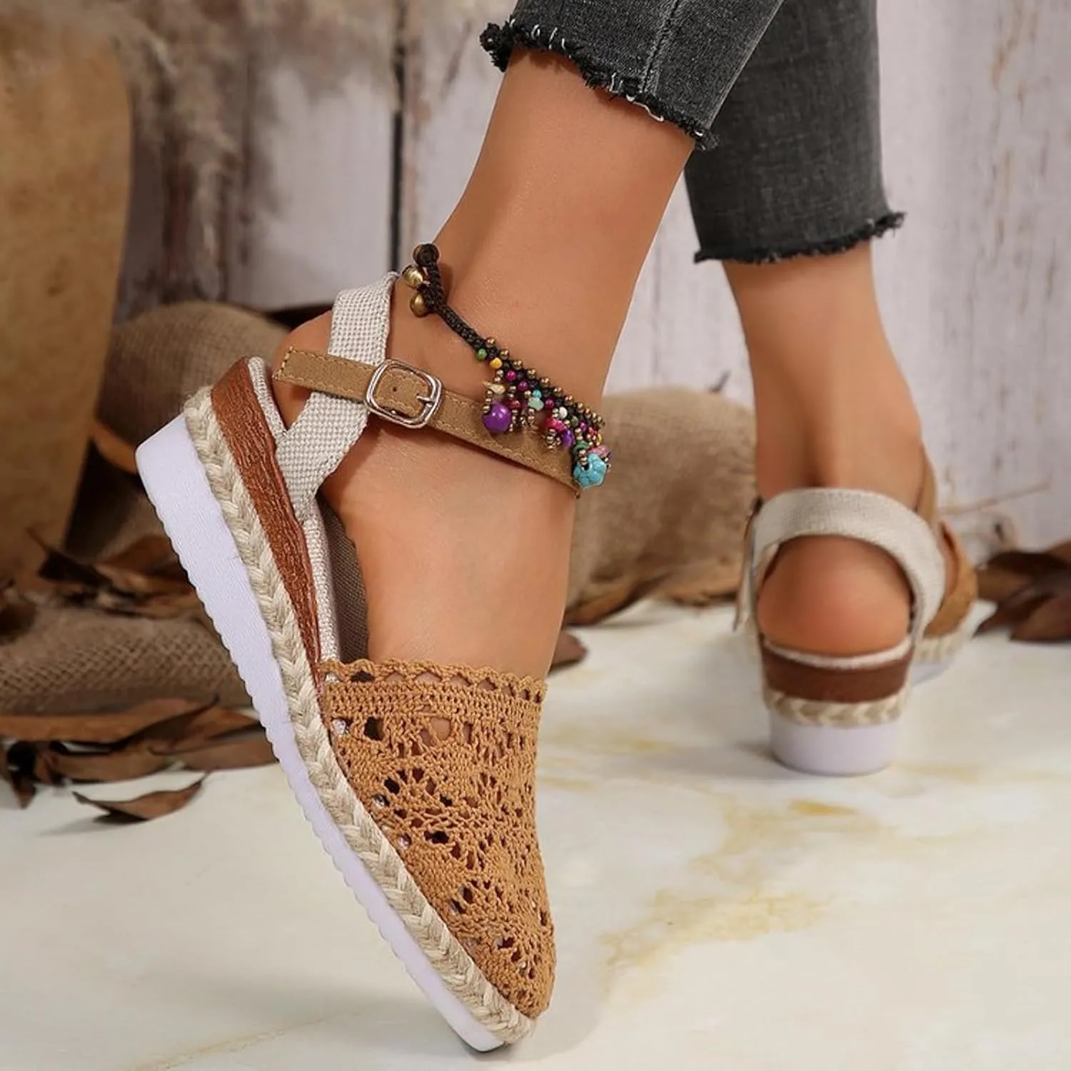 Womens Wedge Sandals Women's Shoes With Closed Toe And Wedge Heels Fashionable And Casual Hollow Woven Pointed Sandals