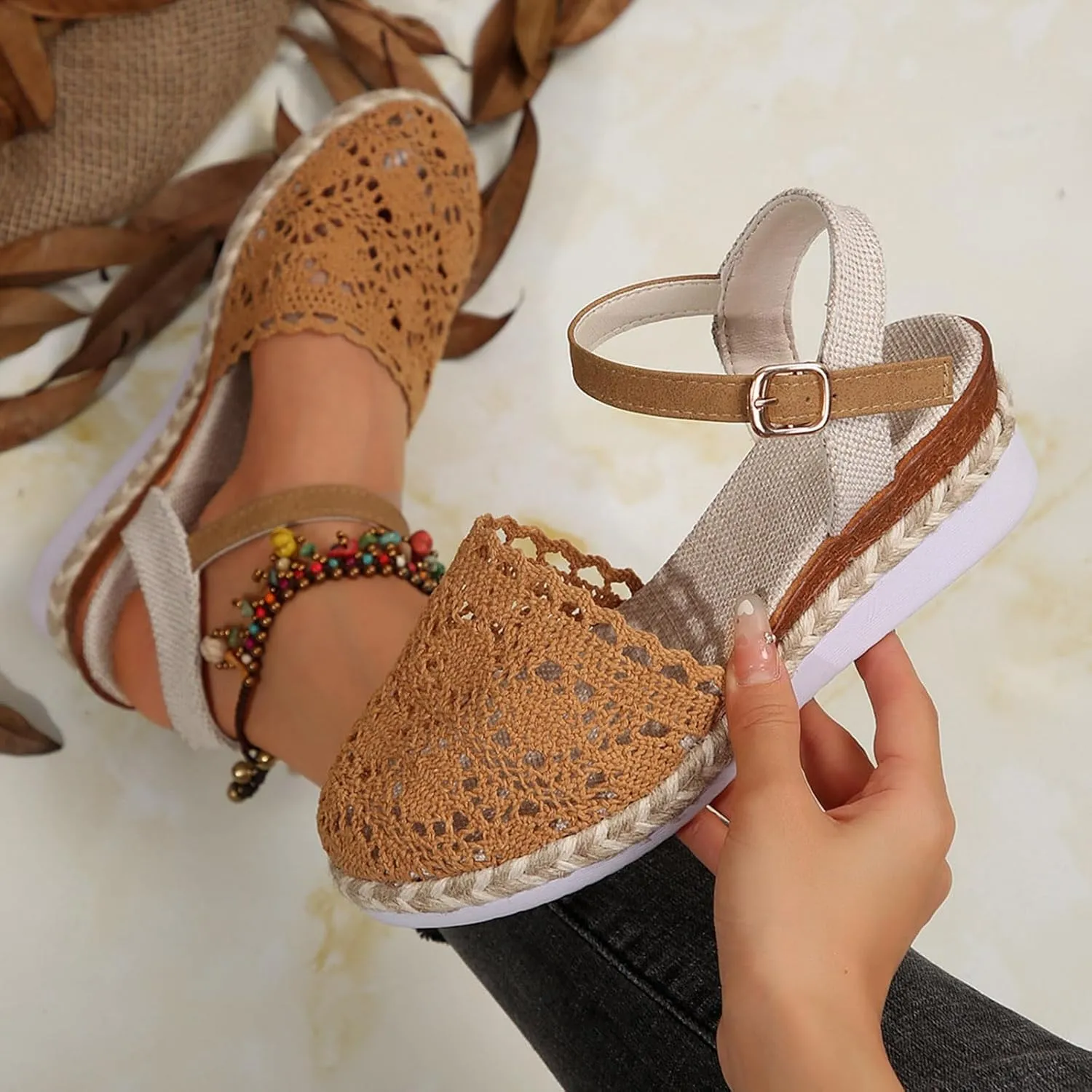 Womens Wedge Sandals Women's Shoes With Closed Toe And Wedge Heels Fashionable And Casual Hollow Woven Pointed Sandals