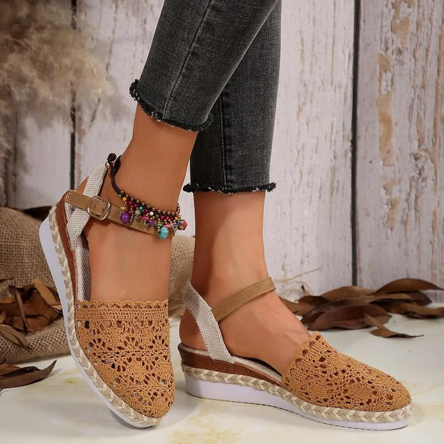 Womens Wedge Sandals Women's Shoes With Closed Toe And Wedge Heels Fashionable And Casual Hollow Woven Pointed Sandals