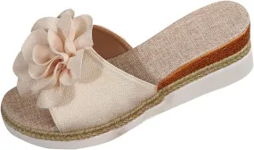 Womens Wedge Slide Sandals Chic Flower Open Toe Comfort Dressy Summer Slip-On Slipper Flatform Espadrilles