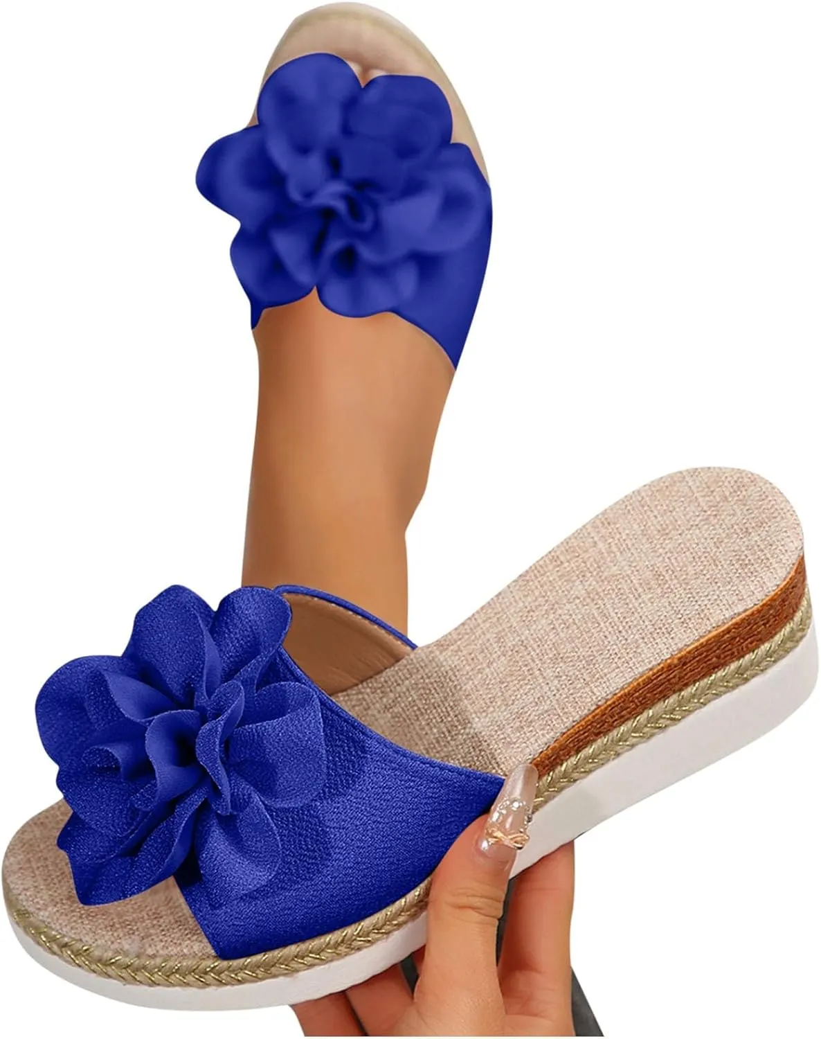 Womens Wedge Slide Sandals Chic Flower Open Toe Comfort Dressy Summer Slip-On Slipper Flatform Espadrilles