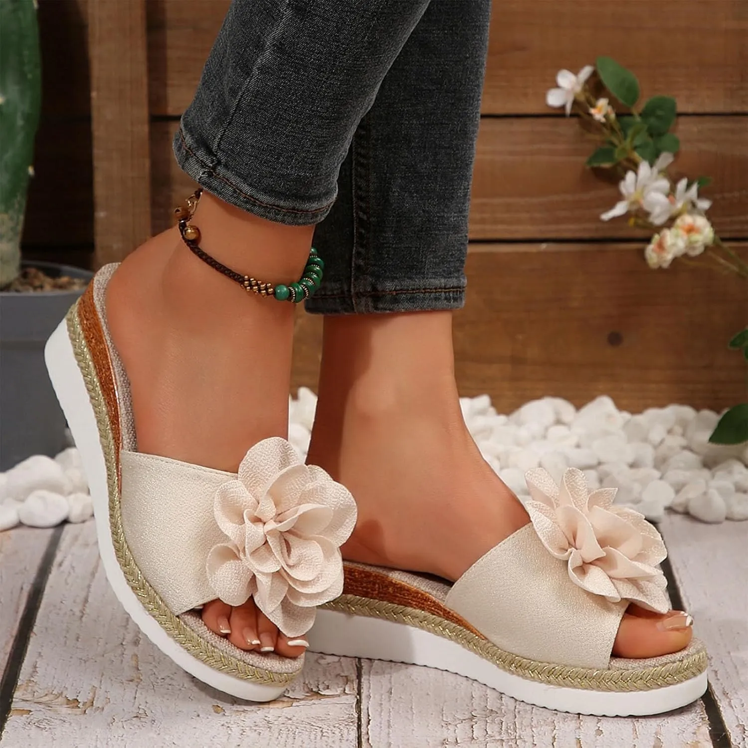 Womens Wedge Slide Sandals Chic Flower Open Toe Comfort Dressy Summer Slip-On Slipper Flatform Espadrilles