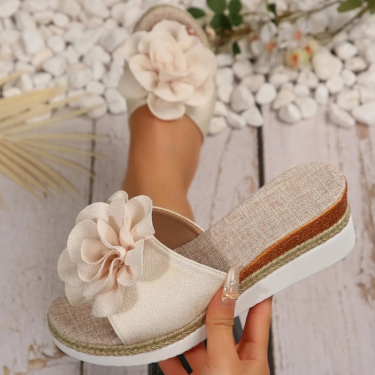 Womens Wedge Slide Sandals Chic Flower Open Toe Comfort Dressy Summer Slip-On Slipper Flatform Espadrilles