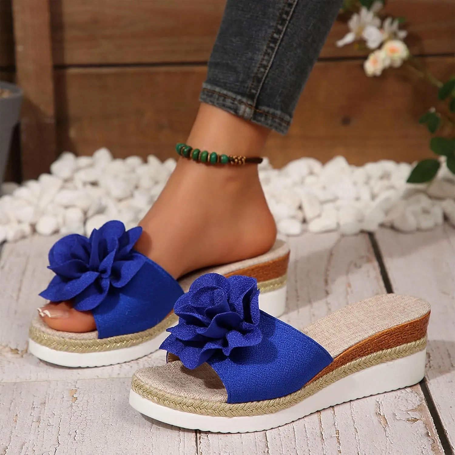 Womens Wedge Slide Sandals Chic Flower Open Toe Comfort Dressy Summer Slip-On Slipper Flatform Espadrilles