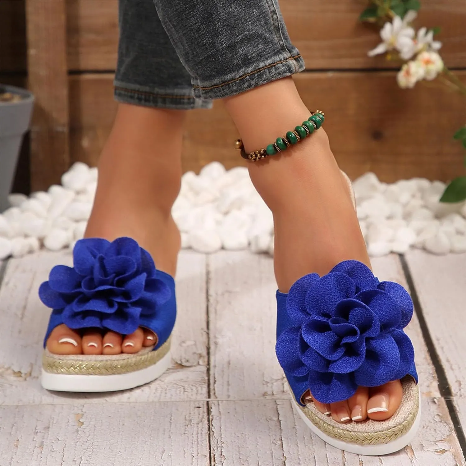 Womens Wedge Slide Sandals Chic Flower Open Toe Comfort Dressy Summer Slip-On Slipper Flatform Espadrilles
