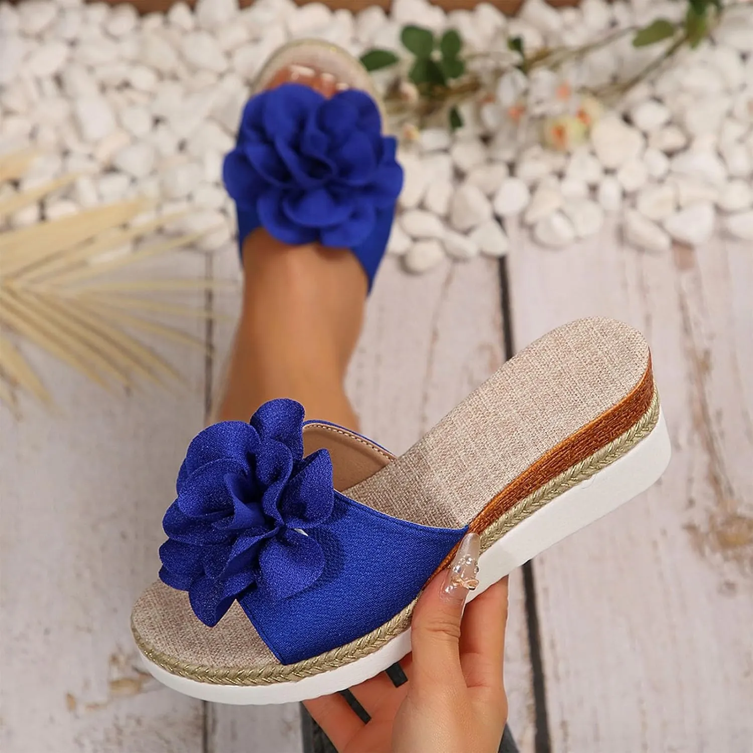 Womens Wedge Slide Sandals Chic Flower Open Toe Comfort Dressy Summer Slip-On Slipper Flatform Espadrilles