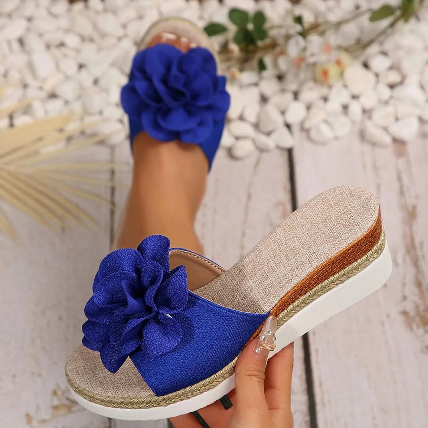 Womens Wedge Slide Sandals Chic Flower Open Toe Comfort Dressy Summer Slip-On Slipper Flatform Espadrilles