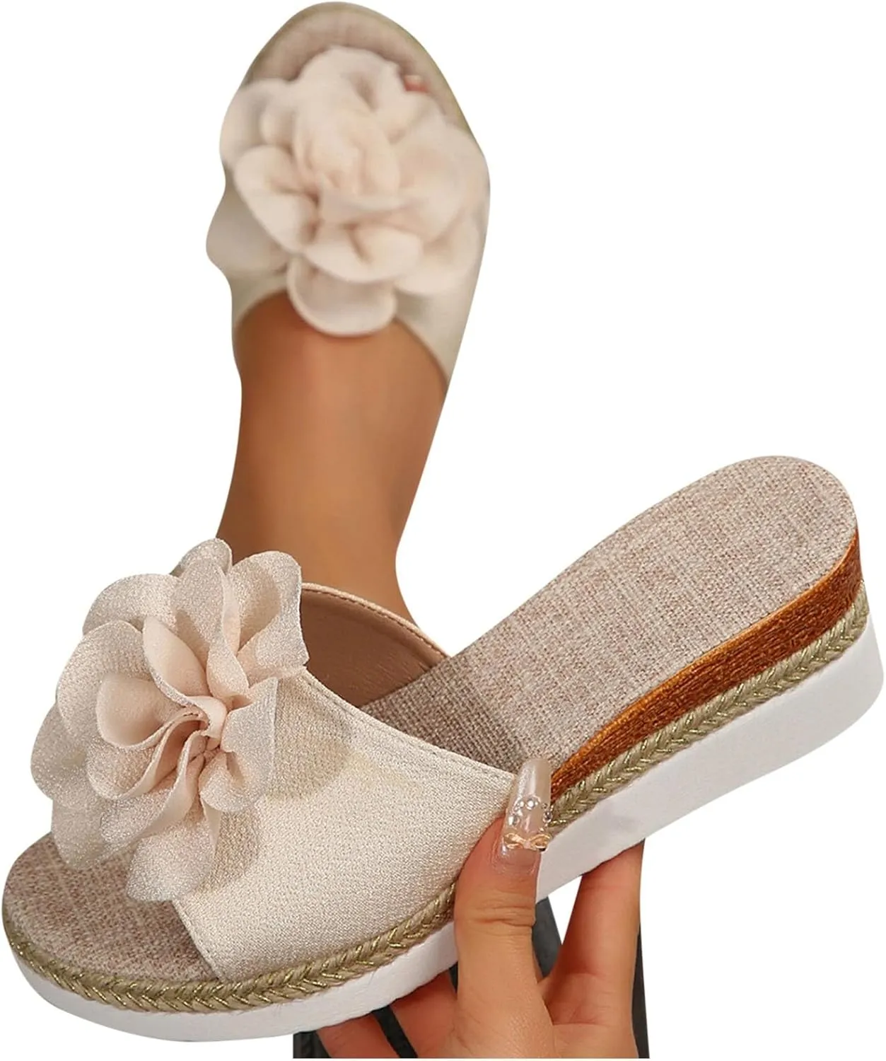 Womens Wedge Slide Sandals Chic Flower Open Toe Comfort Dressy Summer Slip-On Slipper Flatform Espadrilles