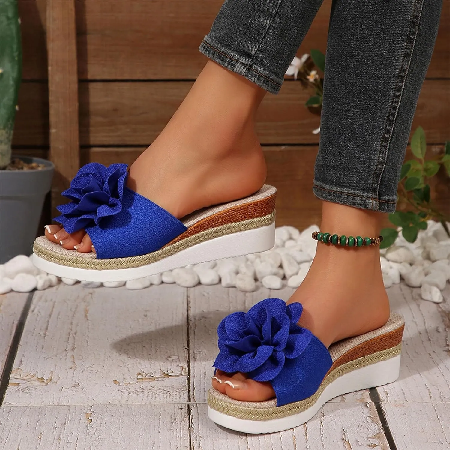 Womens Wedge Slide Sandals Chic Flower Open Toe Comfort Dressy Summer Slip-On Slipper Flatform Espadrilles