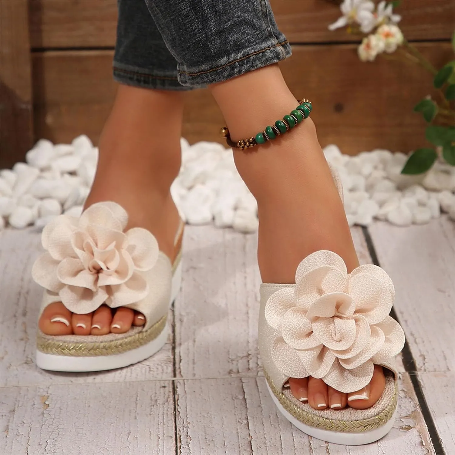 Womens Wedge Slide Sandals Chic Flower Open Toe Comfort Dressy Summer Slip-On Slipper Flatform Espadrilles