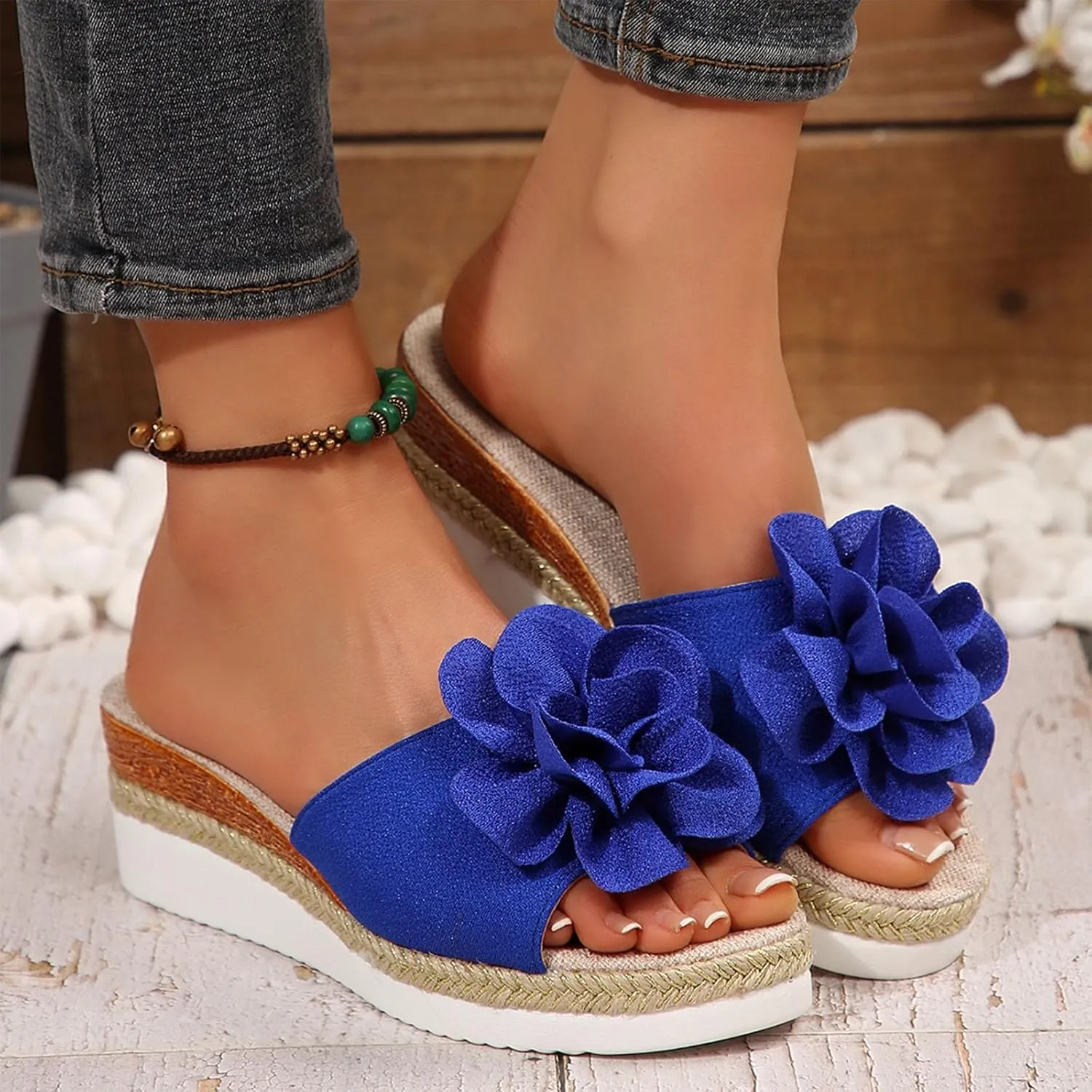 Womens Wedge Slide Sandals Chic Flower Open Toe Comfort Dressy Summer Slip-On Slipper Flatform Espadrilles